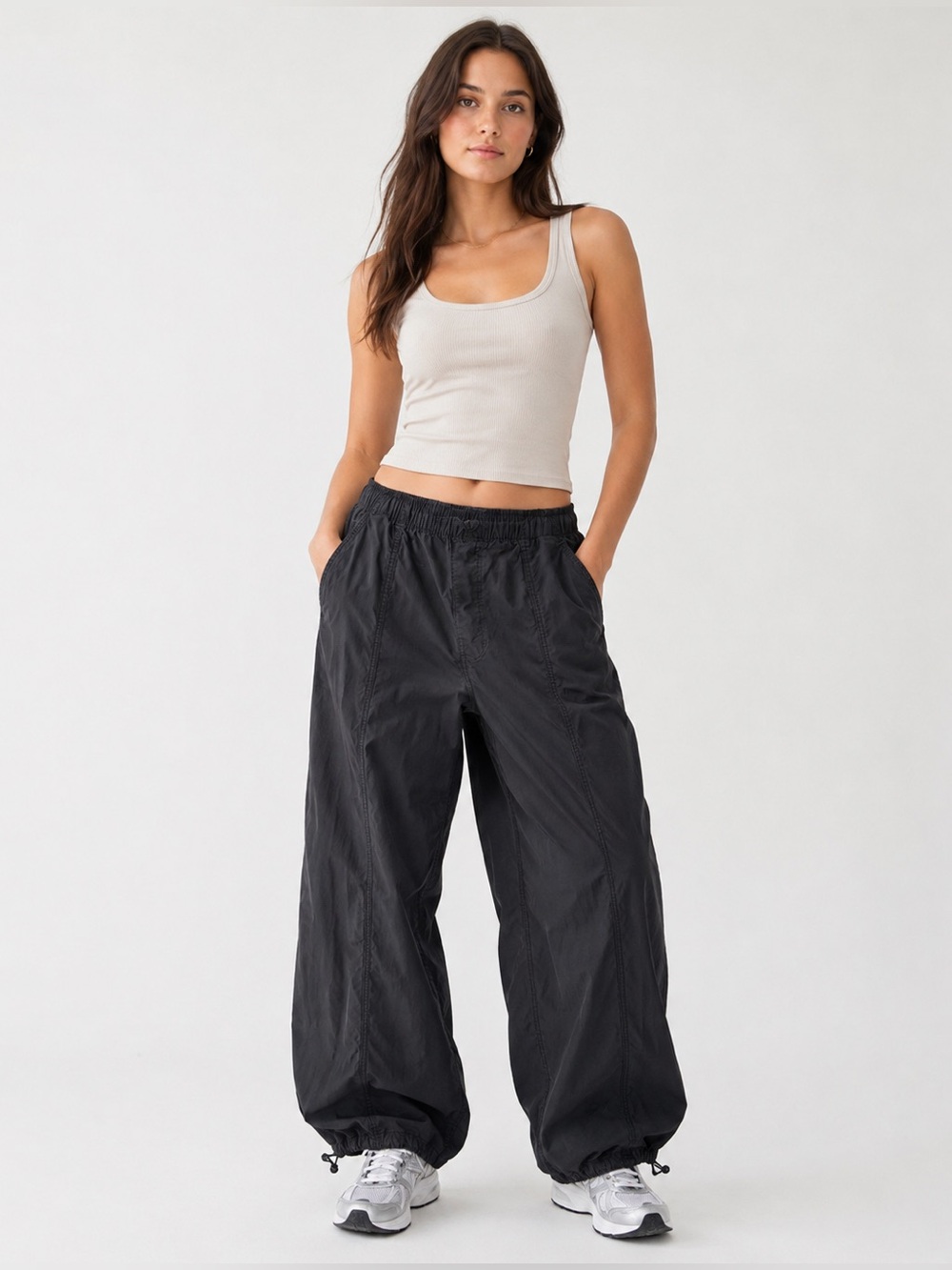 Zara Black Parachute Cargo Pants Wide Leg Drawstring Hem Size M